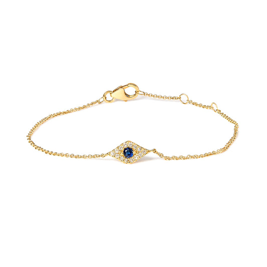 Bracelet maille en or jaune 10 carats, saphir bleu et diamant (accents) "œil porte-bonheur", couleur H-I, clarté I1-I2, taille 7 po