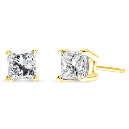 AGS Certified 14k Yellow Gold 1/4 Cttw 4-Prong Set Princess-Cut Solitaire Diamond Push Back Stud Earrings (H-I Color, SI1-SI2 Clarity)