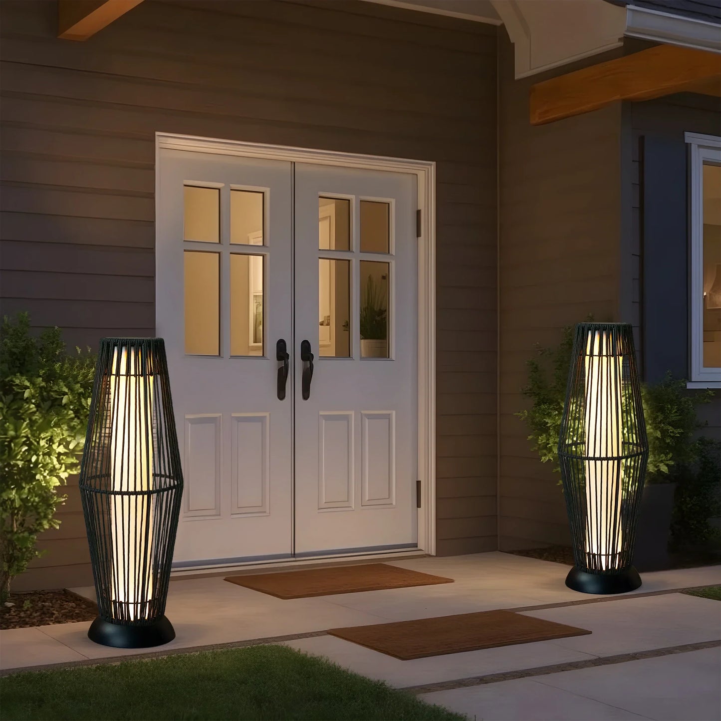 2 Piece Solar Powered Lantern Wicker Solar Patio Lamp