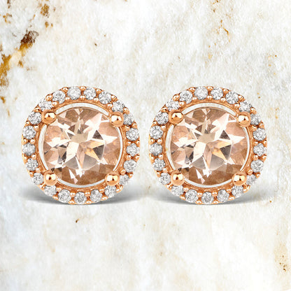 0.93 Carat Genuine Morganite and White Diamond 14K Rose Gold Earrings