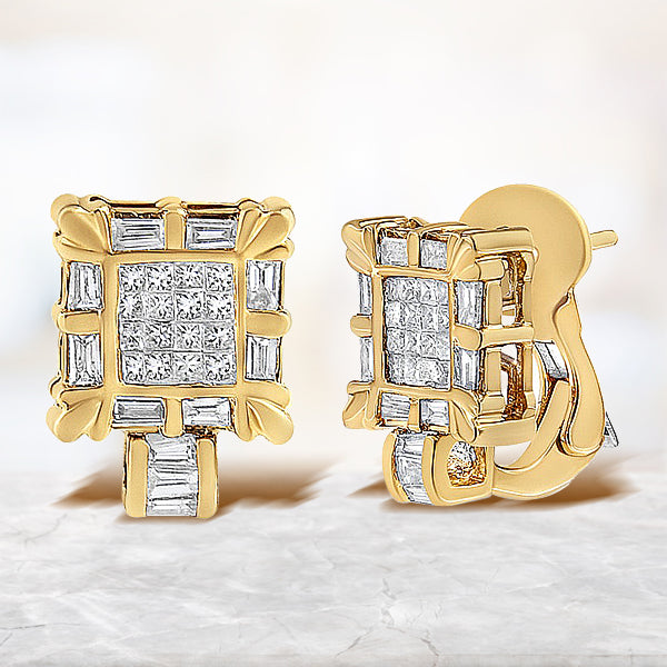 14K Yellow Gold 7/8 Cttw Princess and Baguette-Cut Diamond Square Framed Huggie Hoop Omega Earrings (H-I Color, SI1-SI2 Clarity)