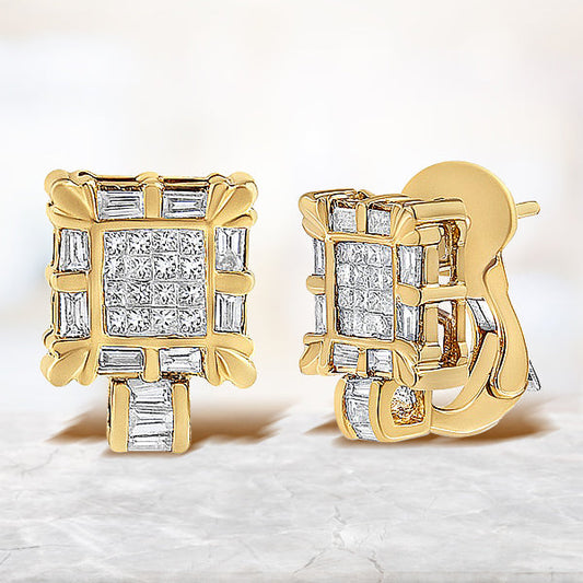 Boucles d'oreilles créoles huggie carrées à fermoir oméga en or jaune 14 carats, diamants taille princesse et baguette 7/8 carats (couleur H-I, pureté SI1-SI2)
