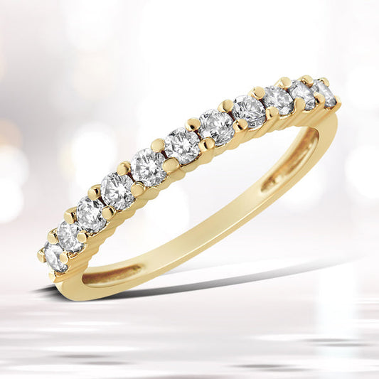 Bague jonc 11 pierres en argent sterling 925 plaqué or jaune 14 carats avec diamants ronds brillants sertis sur griffes partagées de 0,5 carat au total (couleur J-K, pureté I1-I2) - Taille 7