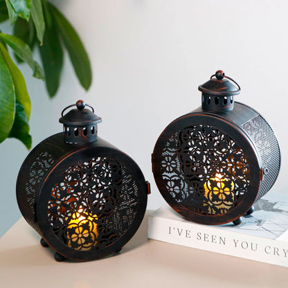 Set of 2 Round Vintage Metal Candle Lanterns 7.5" H
