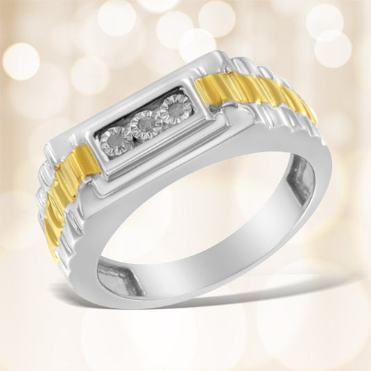 Bague pour homme en argent sterling 925 plaqué or jaune 10K, sertie de 3 diamants taille miracle (couleur I-J, pureté I2-I3) - Taille 10