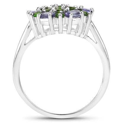 2.03 Carat Genuine Tanzanite and Chrome Diopside .925 Sterling Silver Ring