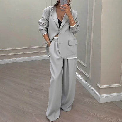 European And American Cross-Border 2026 Autumn And Winter New Women's Clothing Amazon Style Long-Sleeve Jacket Casual Wide-Leg Pants Suit Set
