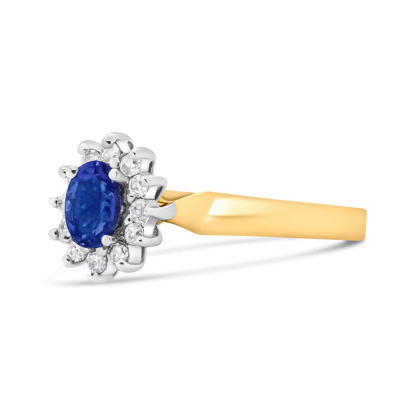 14K Yellow Gold 1/5 Cttw Round Diamond and 6x4mm Oval Blue Tanzanite Halo Ring (H-I Color, I1-I2 Clarity) - Size 7.75