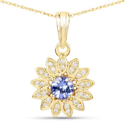 0.31 Carat Genuine Tanzanite and White Diamond 14K Yellow Gold Pendant