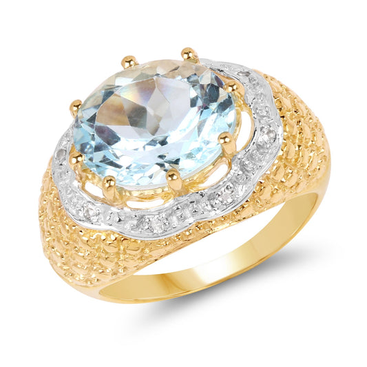 Bague en argent sterling 925 plaqué or jaune 14K avec topaze bleue et topaze blanche véritables de 5,27 carats