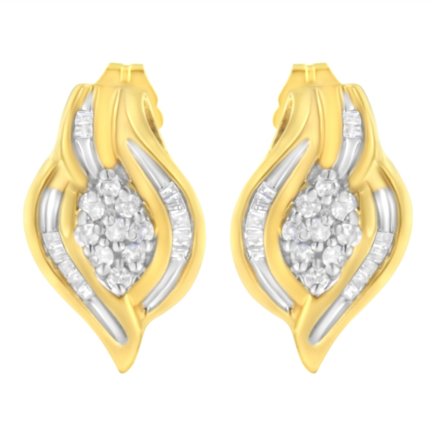 10K Yellow Gold 1/3 cttw Round-Cut Diamond Cluster and Swirl Stud Earrings (J-K Clarity, I2-I3 Color)