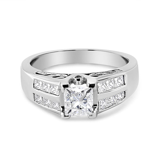 Bague de fiançailles en or blanc 14 carats avec diamant taille princesse 1,25 carat, serti rail (couleur H-I, pureté SI1-SI2) - Taille 7