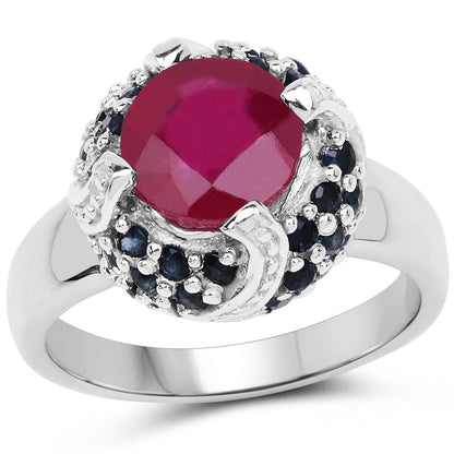 3.70 Carat Glass Filled Ruby and Blue Sapphire .925 Sterling Silver Ring