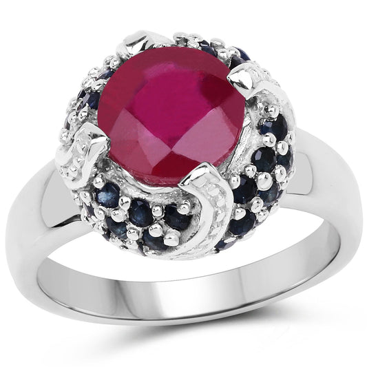 Bague en argent sterling .925 avec rubis (rempli de verre) et saphir bleu de 3,70 carats