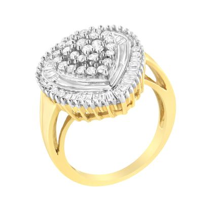 10K Yellow Gold 1.0 Cttw Round and Baguette Cut Diamond Oval Shaped Cluster Ring (I-J Color, I1-I2 Clarity) - Size 7