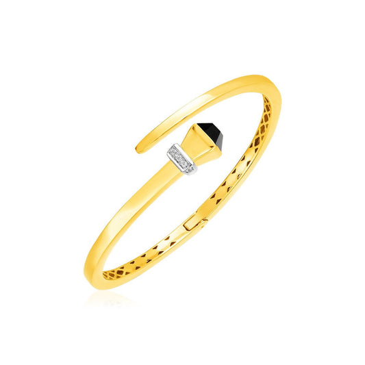 Bracelet jonc articulé croisé en or jaune 14 carats avec onyx et diamants