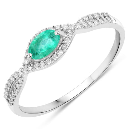 0.32 Carat Genuine Zambian Emerald and White Diamond 14K White Gold Ring