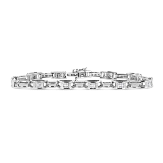 Bracelet tennis en or blanc 14 carats avec diamants princesse sertis invisibles alternés de 1,0 carat (couleur I-J, pureté I1-I2) - 7,25"