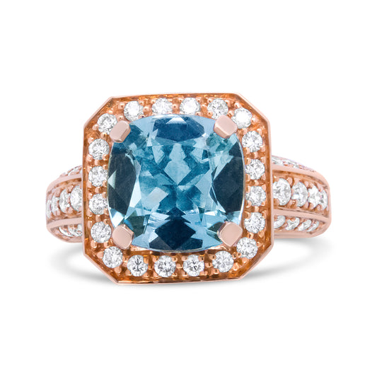 Bague en or rose 18 carats avec aigue-marine taille coussin 10x10mm et diamants ronds en halo de 1 1/8 carats (couleur F-G, pureté VS1-VS2) - Taille de bague 6,5