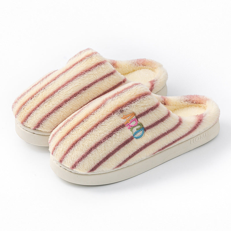 Ins Plush Striped Slippers Winter Warm Letter Embroidered Shoes Fashion Floor Bedroom Home Slipper For Women Men Couples