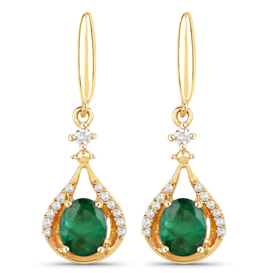 0.70 Carat Genuine Zambian Emerald and White Diamond 14K Yellow Gold Earrings