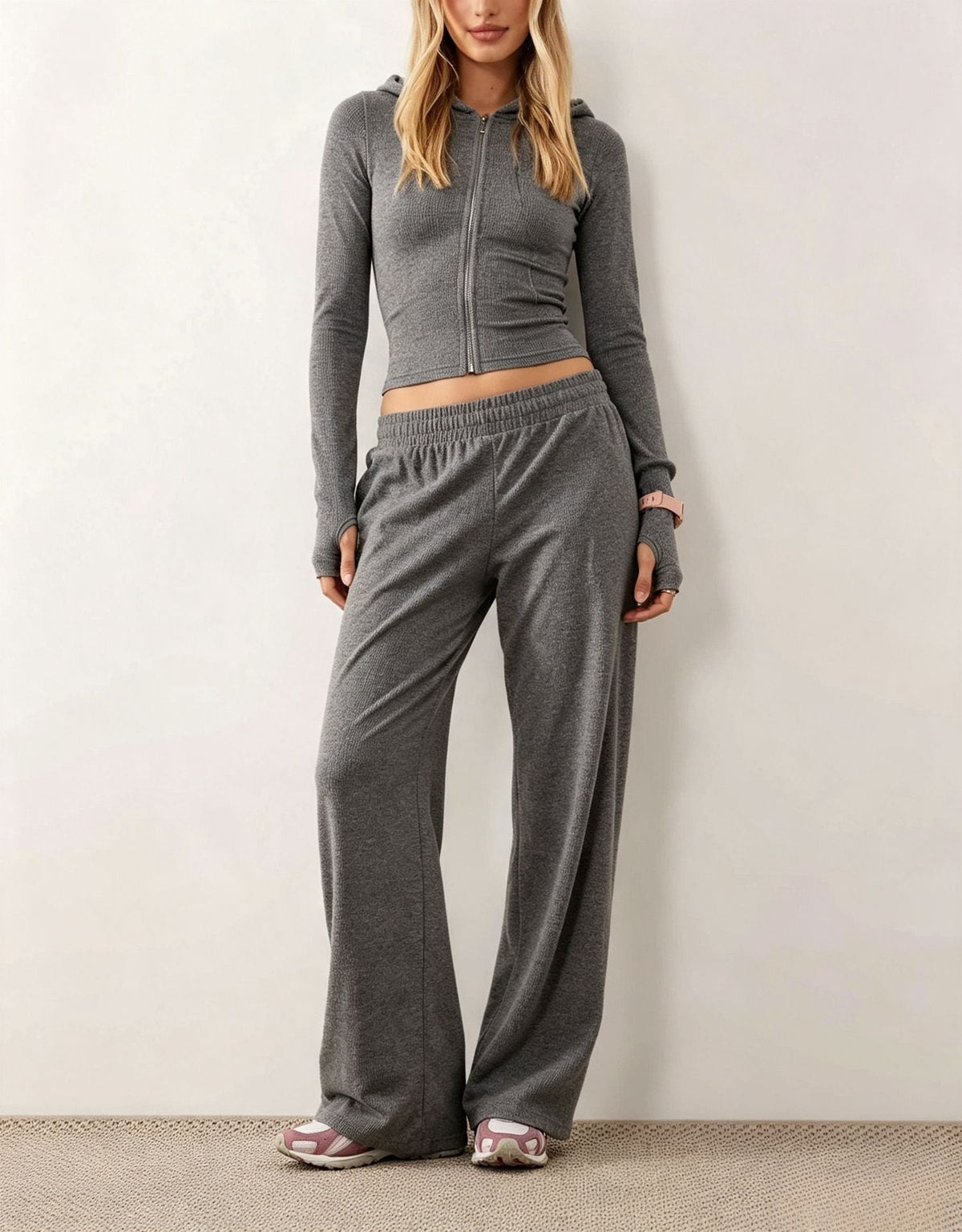 2026 In Stock Autumn Winter European And American Women's Fashion New Casual Hooded Sweatshirt Jacket Solid Color Slim Fit Two Piece Set