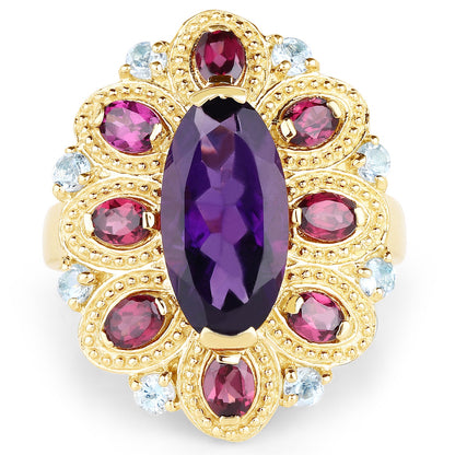 14K Yellow Gold Plated 6.80 Carat Genuine Amethyst, Rhodolite & Blue Topaz .925 Sterling Silver Ring