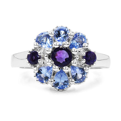 1.25 Carat Genuine Tanzanite, Amethyst & White Topaz .925 Sterling Silver Ring
