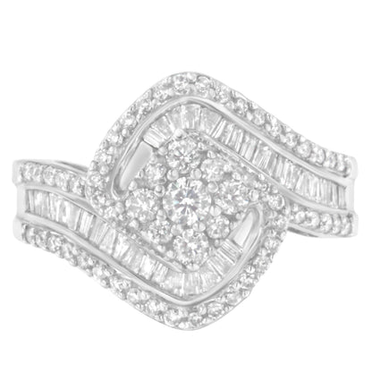 14K White Gold 1 Cttw Baguette and Round Diamond Floral Swirl Cluster Cocktail Ring
