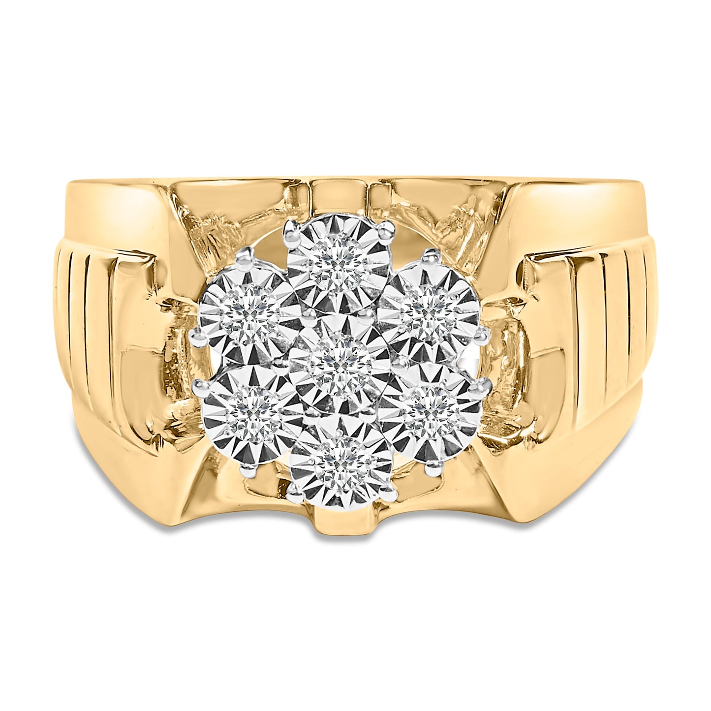 Men's 14K Yellow Gold Plated .925 Sterling Silver 1/3 Cttw Miracle-Set Floral Diamond Cluster Ring (I-J Color, I1-I2 Clarity) - Size 10