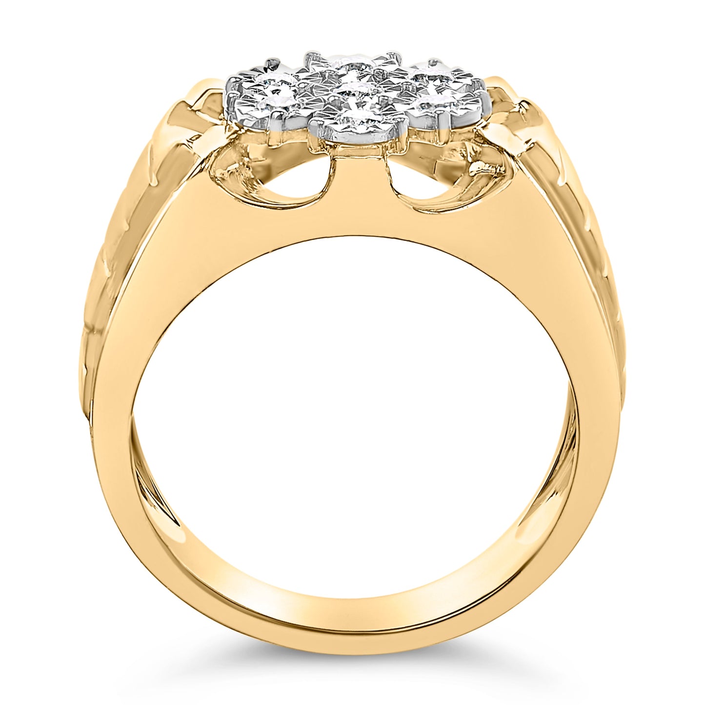 Men's 14K Yellow Gold Plated .925 Sterling Silver 1/3 Cttw Miracle-Set Floral Diamond Cluster Ring (I-J Color, I1-I2 Clarity) - Size 10