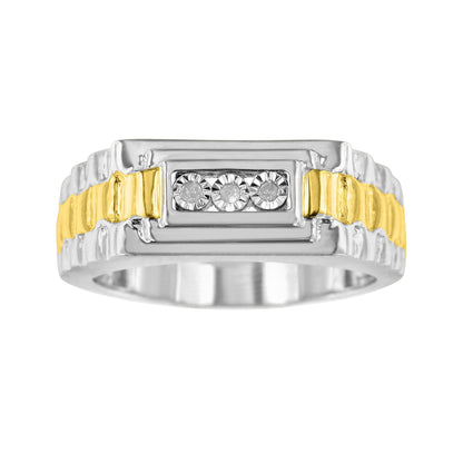 10K Yellow Gold Plated .925 Sterling Silver Diamond Accent Miracle-Set 3 Stone Ridged Band Gentlemen's Fashion Ring (I-J Color, I2-I3 Clarity) - Size 10