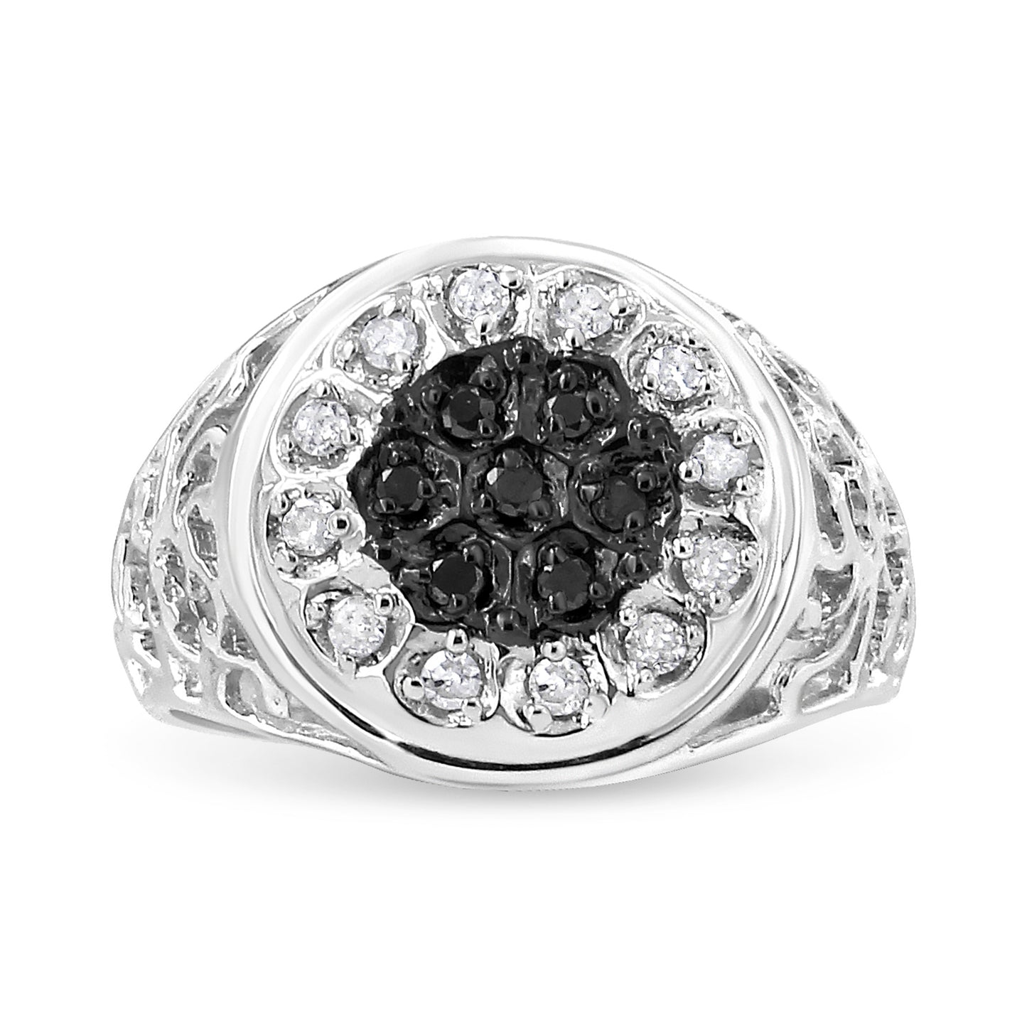 .925 Sterling Silver 1/4 Cttw White and Black Treated Diamond Halo Cluster Ring for Men (I-J Color, I3 Clarity) - Size 10