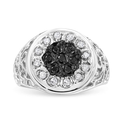 .925 Sterling Silver 1/4 Cttw White and Black Treated Diamond Halo Cluster Ring for Men (I-J Color, I3 Clarity) - Size 10
