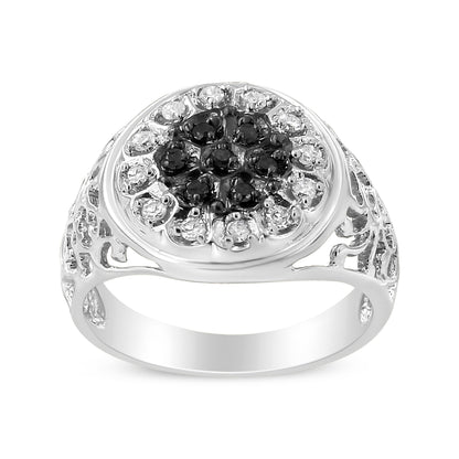 .925 Sterling Silver 1/4 Cttw White and Black Treated Diamond Halo Cluster Ring for Men (I-J Color, I3 Clarity) - Size 10