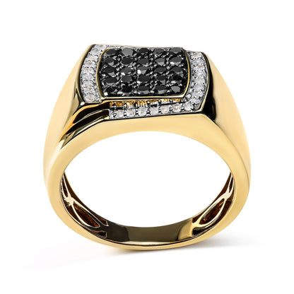 Men's 10K Yellow Gold 1.00 Cttw Cushion Cluster Black and White Diamond Statement Ring (I-J Color, I2-I3 Clarity) - Ring Size 10.5
