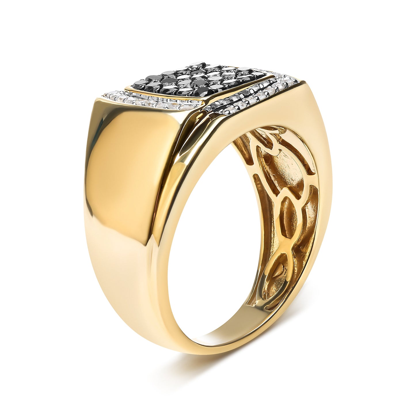 Men's 10K Yellow Gold 1.00 Cttw Cushion Cluster Black and White Diamond Statement Ring (I-J Color, I2-I3 Clarity) - Ring Size 10.5