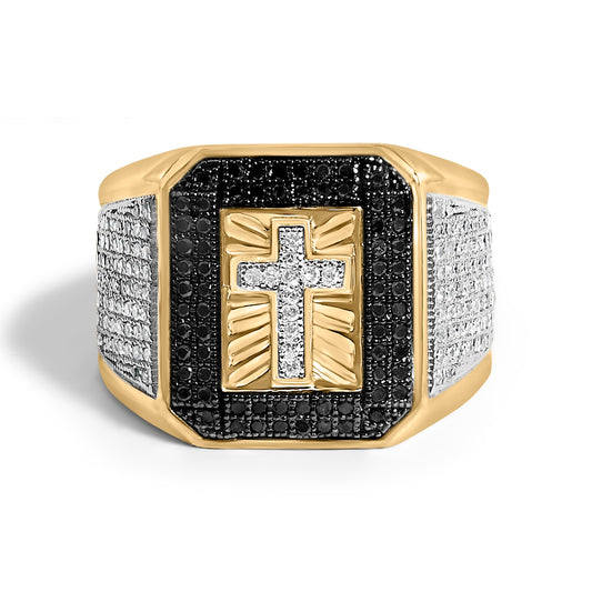 Bague chevalière en or jaune 10 carats pour homme avec diamants blancs et noirs de 1,5 carats en forme de croix