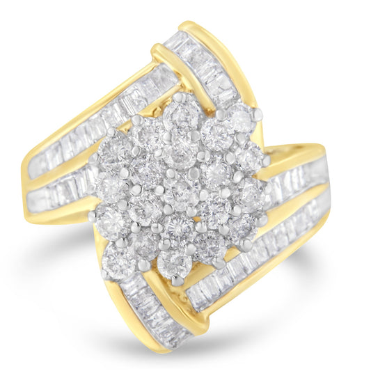 Bague jonc croisé en or jaune 10 carats avec diamants ronds et baguettes (3 carats au total, couleur I-J, pureté I1-I2) - Taille 7-1/2
