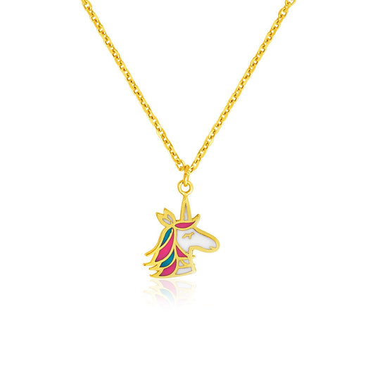 Collier pour enfants en or jaune 14 carats avec pendentif licorne émaillé