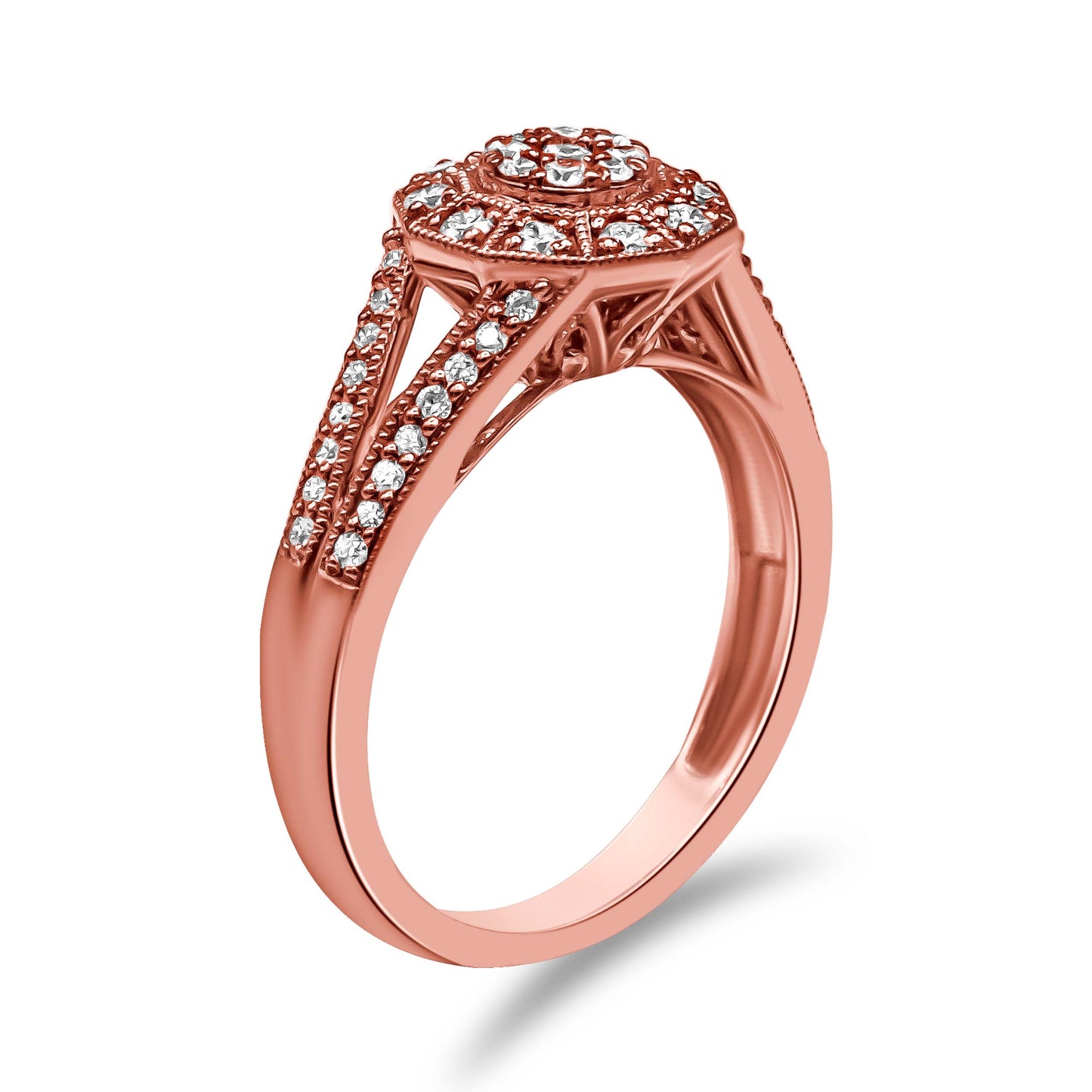 14K Rose Gold Plated .925 Sterling Silver 1/2 Cttw Pave Diamond Halo Cluster Split Shank Cocktail Ring (I-J Color, I1-I2 Clarity) - Size 6