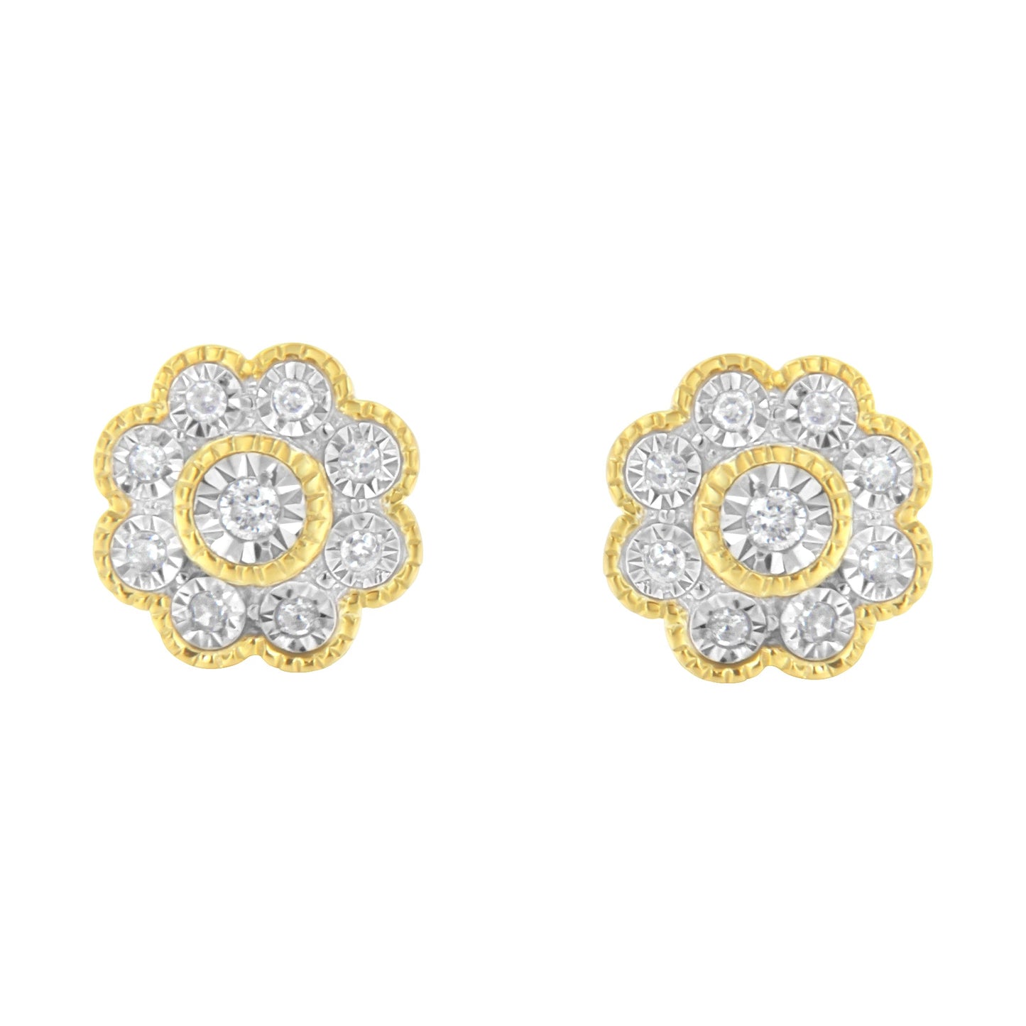 14K Yellow Gold Plated .925 Sterling Silver 1/6 Cttw Miracle-Plate Set Diamond Floral Stud Earrings (I-J Color, I2-I3 Clarity)