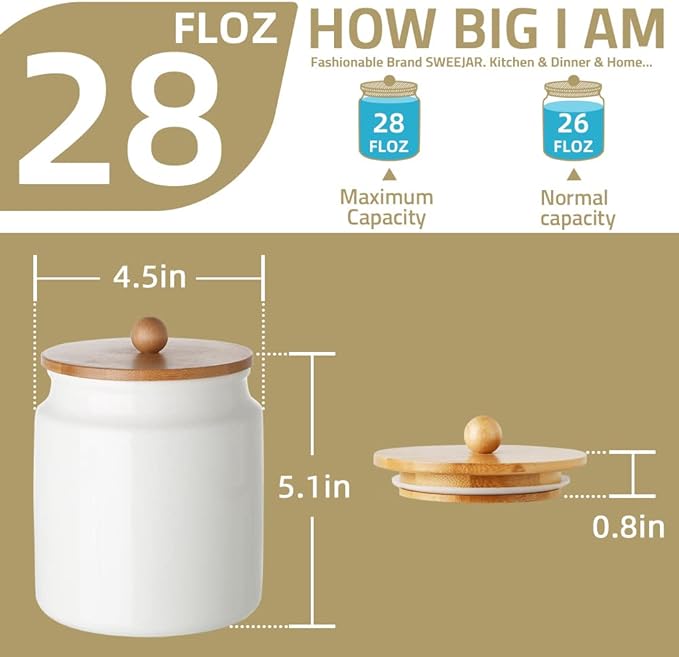 Sweejar Ceramic Kitchen Canisters, 28 FLOZ Porcelain Food Storage Jar with Airtight Seal Wooden Lid, Home Container Serving for Coffee Beans, Tea-leave, Sugar, Salt and More, Tool Bucket (White)