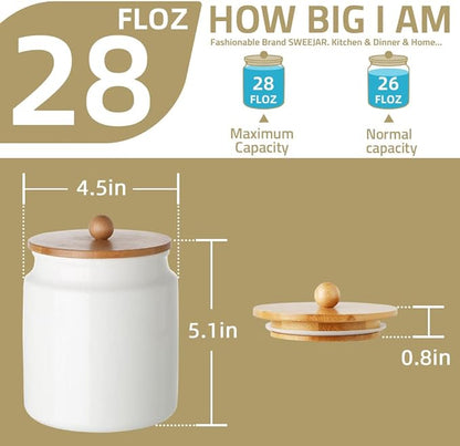 Sweejar Ceramic Kitchen Canisters, 28 FLOZ Porcelain Food Storage Jar with Airtight Seal Wooden Lid, Home Container Serving for Coffee Beans, Tea-leave, Sugar, Salt and More, Tool Bucket (White)