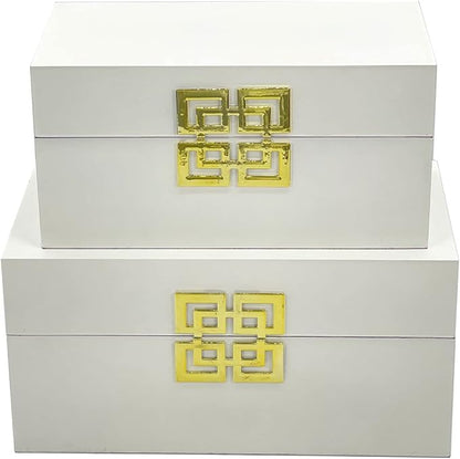 Galt International Large & Small Decorative Storage Box w/Hinged Lid - Classic Design Wood Decor Boxes with Geometric Opening Clasp - Home & Office Storage - Set of 2 (White + Gold)