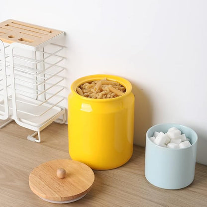 Sweejar Ceramic Kitchen Canisters, 28 FLOZ Porcelain Food Storage Jar with Airtight Seal Wooden Lid, Home Container Serving for Coffee Beans, Tea-leave, Sugar, Salt and More, Tool Bucket (Yellow)