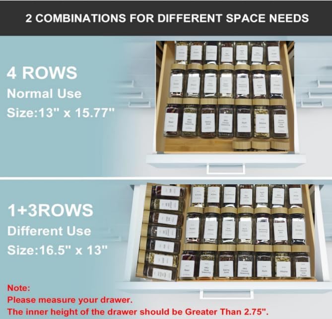 Spice Drawer Organizer with 24 Bamboo-lidded Spice Jars and 216 Labels,Non-slip Rubber, Bamboo 4 Tier Spice Racks Tray Seasoning Containers for Kitchen Drawers,Cabinets,13" Wide * 15.8" Deep