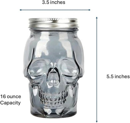 Set of 2 Skull Mason Jar Glasses with Lids | 16oz Reusable Halloween Drinking Glasses | Unique Skull Décor, Storage, & Canning Jars for Parties & Gifts