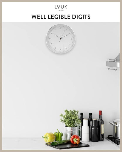 LUUK LIFESTYLE Modern Wall Clock Without Ticking, Pure Minimalist Design, legible Digits, Home Decor for Living Room, Office, in White and Silver