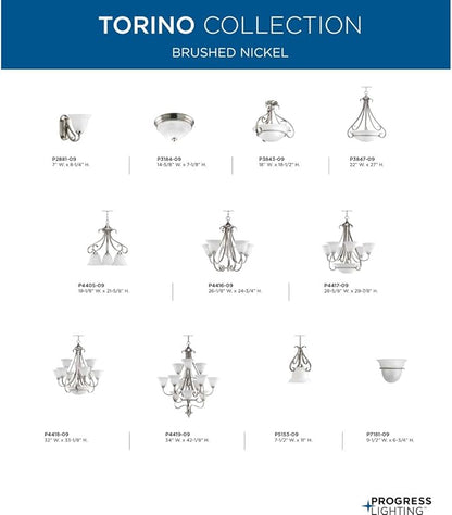 Torino Collection 3-Light Etched Glass Transitional Inverted Pendant Light Brushed Nickel